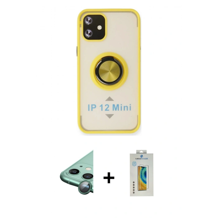 MARSİLYAN™- iPhone 12 Mini Kılıf Yörünge Çizgi - Siyah Polymer Nano Ekran Koruyucu + Raze Metal Kamera Lens - YL