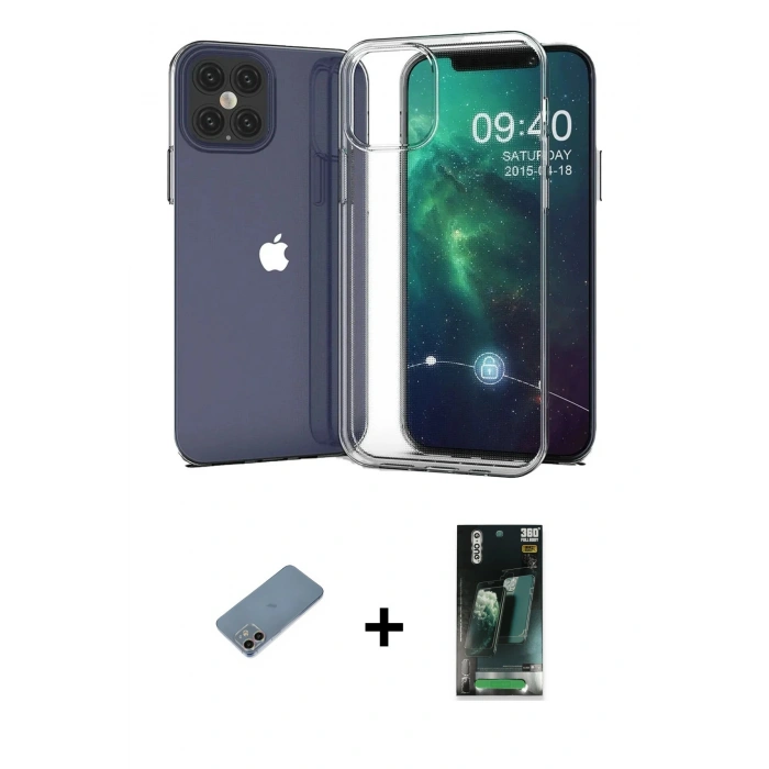MARSİLYAN™- iPhone 12 Mini Kılıf Zirve Doku - Şeffaf 360 Full Body Arka Koruyucu + Shine Kamera Lens Koruma Cam - GI