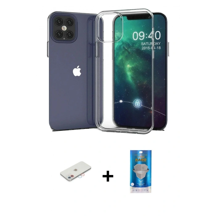 MARSİLYAN™- iPhone 12 Mini Kılıf Zirve Doku - Şeffaf Royal Nano Ekran Koruyucu + Renkli Kamera Lens Koruma Cam - PE