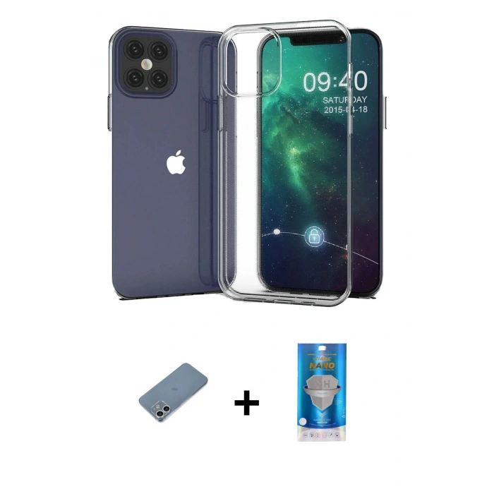 MARSİLYAN™- iPhone 12 Mini Kılıf Zirve Doku - Şeffaf Royal Nano Ekran Koruyucu + Shine Kamera Lens Koruma Cam - GS