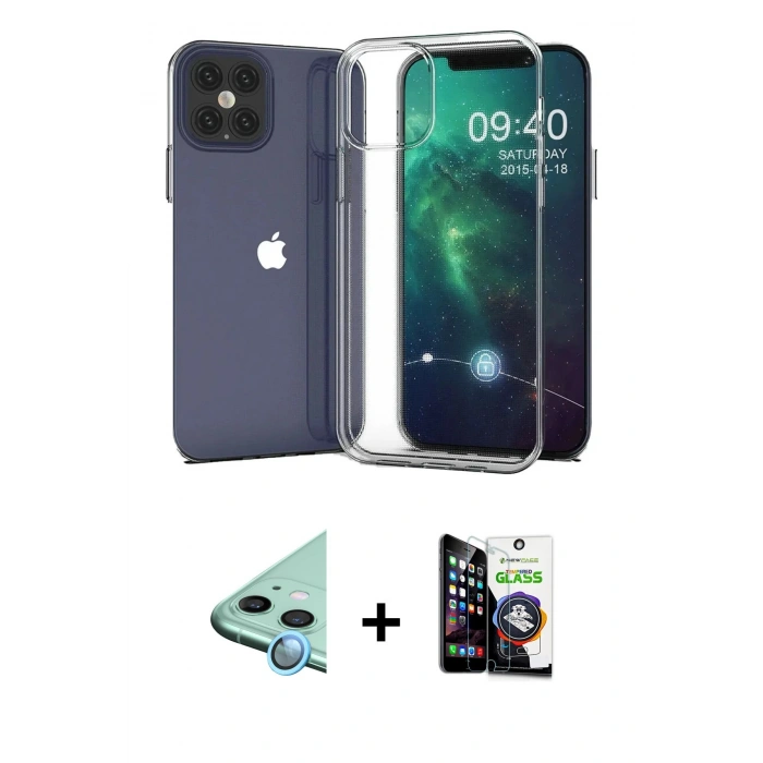 MARSİLYAN™- iPhone 12 Mini Kılıf Zirve Doku - Şeffaf Temperli Cam Ekran Koruyucu + Raze Metal Kamera Lens - MI