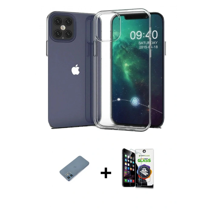 MARSİLYAN™- iPhone 12 Mini Kılıf Zirve Doku - Şeffaf Temperli Cam Ekran Koruyucu + Shine Kamera Lens Koruma Cam - MI
