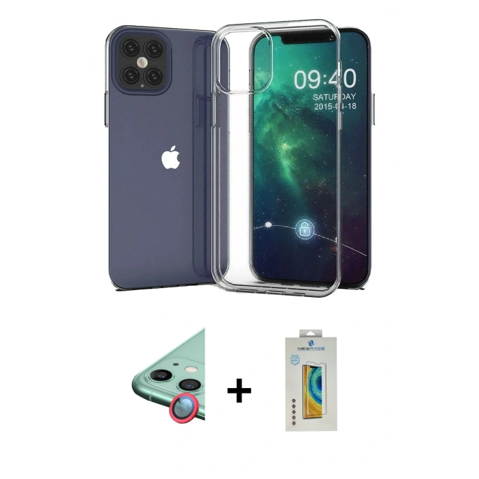 MARSİLYAN™- iPhone 12 Mini Kılıf Zirve Doku - Siyah Polymer Nano Ekran Koruyucu + Raze Metal Kamera Lens - KI