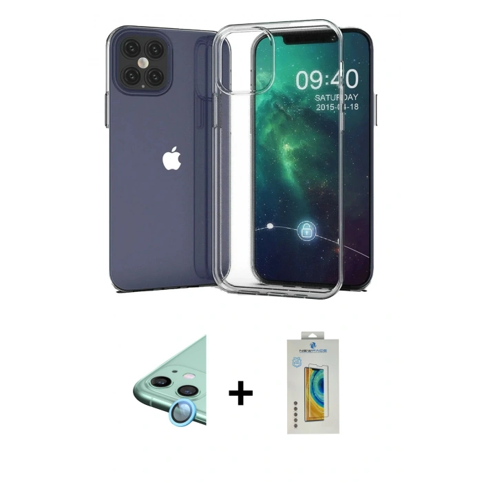 MARSİLYAN™- iPhone 12 Mini Kılıf Zirve Doku - Siyah Polymer Nano Ekran Koruyucu + Raze Metal Kamera Lens - MI