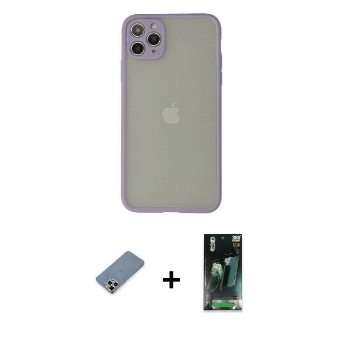 MARSİLYAN™- iPhone 12 Pro Kılıf Ahenk Çizgi Serisi - Şeffaf 360 Full Body Arka Koruyucu + Metal Kamera Lens Koruma Cam - GS