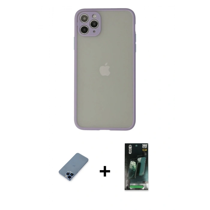 MARSİLYAN™- iPhone 12 Pro Kılıf Ahenk Çizgi Serisi - Şeffaf 360 Full Body Arka Koruyucu + Metal Kamera Lens Koruma Cam - MI