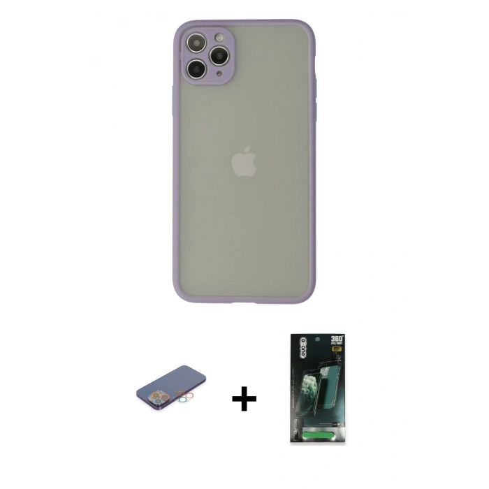 MARSİLYAN™- iPhone 12 Pro Kılıf Ahenk Çizgi Serisi - Şeffaf 360 Full Body Arka Koruyucu + Renkli Kamera Lens Koruma Cam - PE