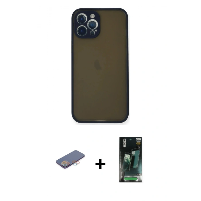 MARSİLYAN™- iPhone 12 Pro Kılıf Ahenk Çizgi Serisi - Şeffaf 360 Full Body Arka Koruyucu + Renkli Kamera Lens Koruma Cam - PE
