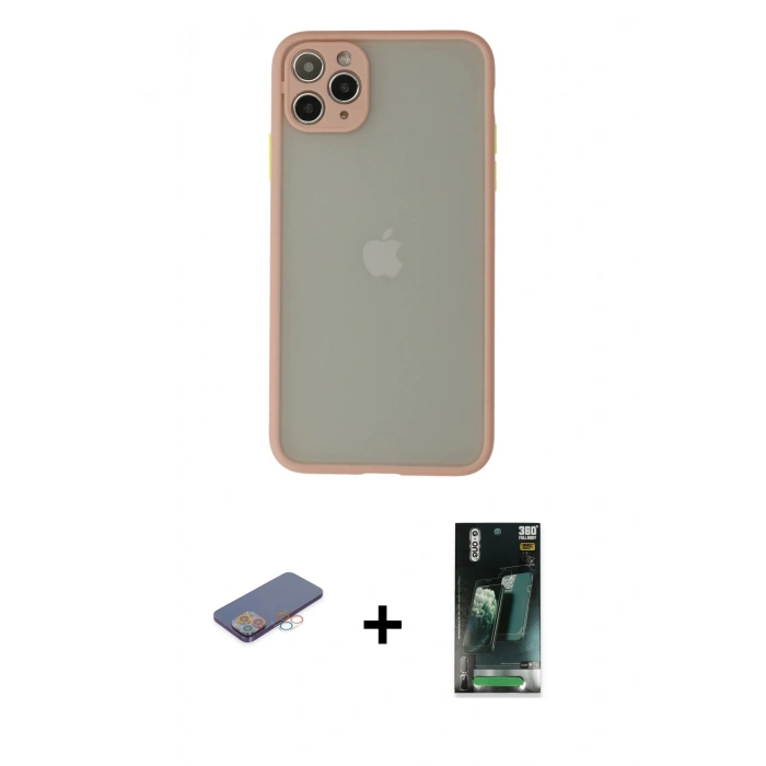 MARSİLYAN™- iPhone 12 Pro Kılıf Ahenk Çizgi Serisi - Şeffaf 360 Full Body Arka Koruyucu + Renkli Kamera Lens Koruma Cam - PE