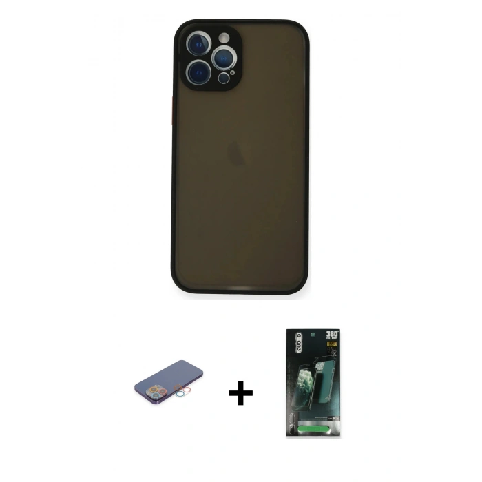 MARSİLYAN™- iPhone 12 Pro Kılıf Ahenk Çizgi Serisi - Şeffaf 360 Full Body Arka Koruyucu + Renkli Kamera Lens Koruma Cam - PE