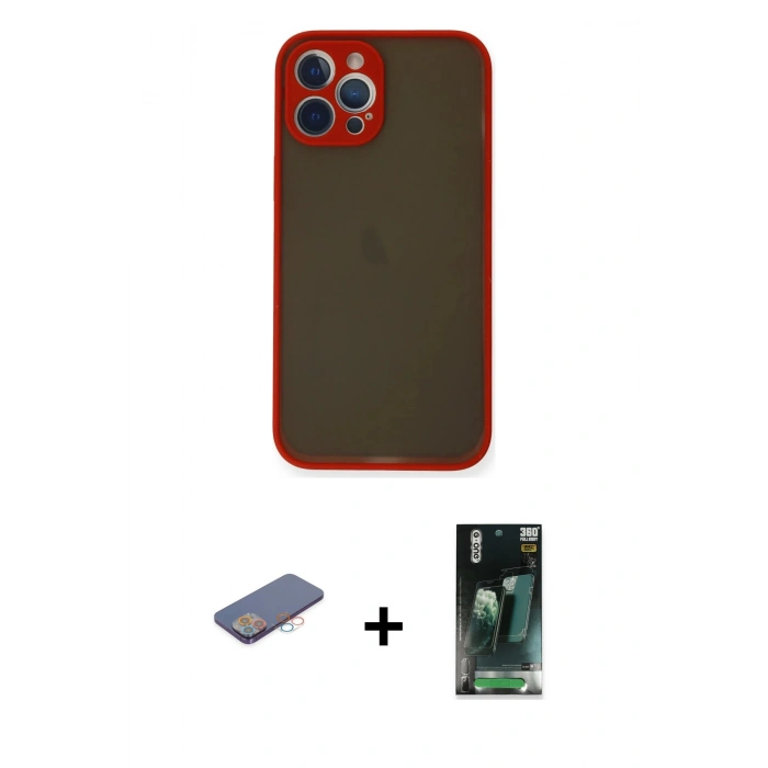 MARSİLYAN™- iPhone 12 Pro Kılıf Ahenk Çizgi Serisi - Şeffaf 360 Full Body Arka Koruyucu + Renkli Kamera Lens Koruma Cam - PE