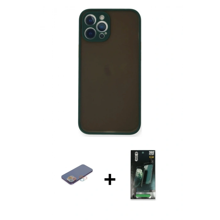 MARSİLYAN™- iPhone 12 Pro Kılıf Ahenk Çizgi Serisi - Şeffaf 360 Full Body Arka Koruyucu + Renkli Kamera Lens Koruma Cam - PE