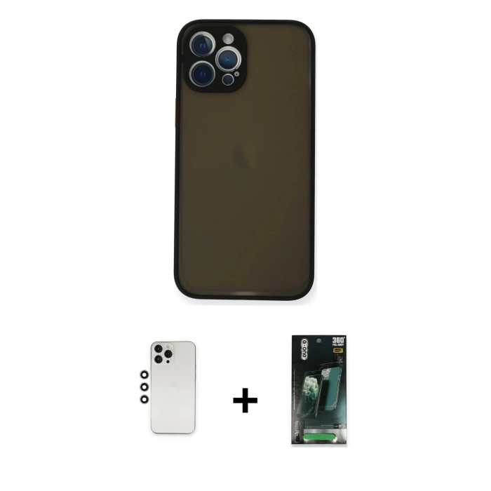 MARSİLYAN™- iPhone 12 Pro Kılıf Ahenk Çizgi Serisi - Şeffaf 360 Full Body Arka Koruyucu + Shine Kamera Lens - GS