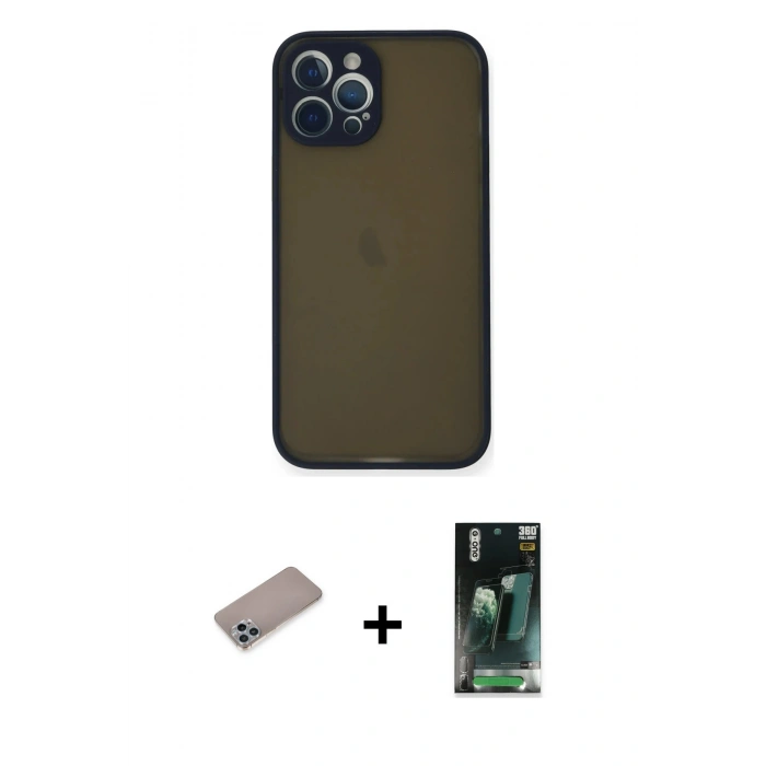 MARSİLYAN™- iPhone 12 Pro Kılıf Ahenk Çizgi Serisi - Şeffaf 360 Full Body Arka Koruyucu + Shine Kamera Lens Koruma Cam - SABE