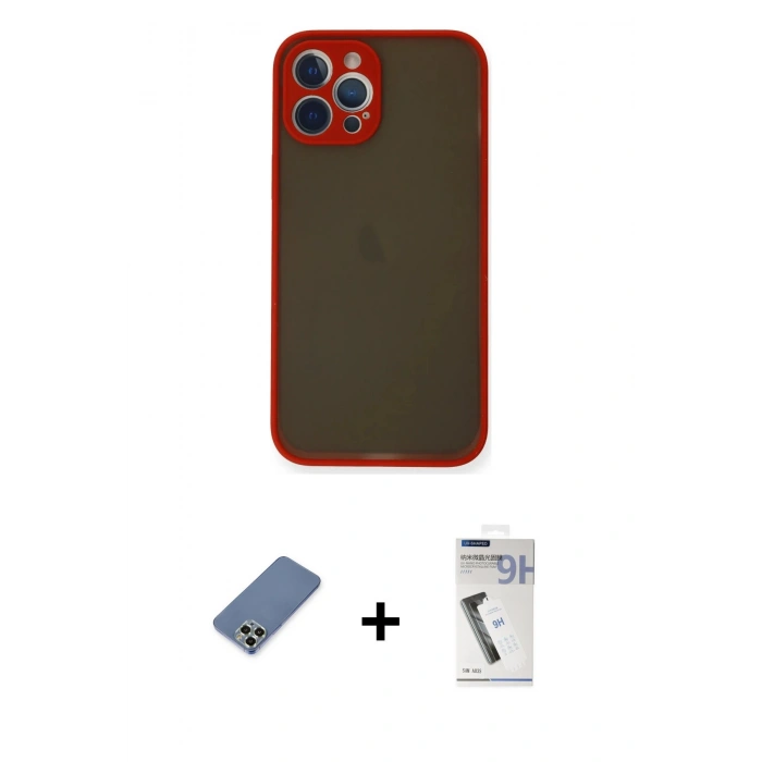 MARSİLYAN™- iPhone 12 Pro Kılıf Ahenk Çizgi Serisi - Şeffaf Uv Polymer Nano Ekran Koruyucu + Metal Kamera Lens Koruma Cam - AKYL