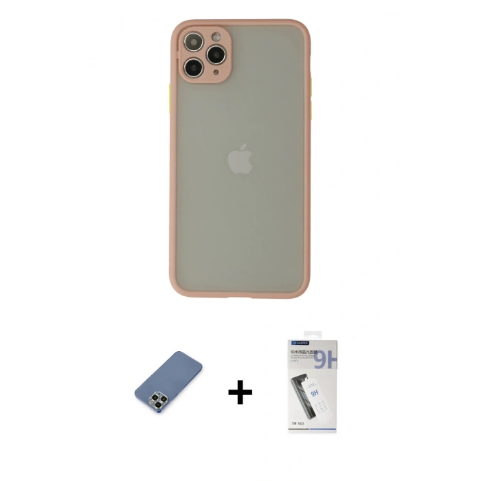 MARSİLYAN™- iPhone 12 Pro Kılıf Ahenk Çizgi Serisi - Şeffaf Uv Polymer Nano Ekran Koruyucu + Metal Kamera Lens Koruma Cam - AKYL