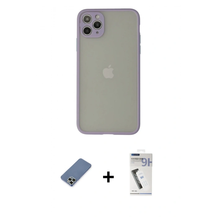 MARSİLYAN™- iPhone 12 Pro Kılıf Ahenk Çizgi Serisi - Şeffaf Uv Polymer Nano Ekran Koruyucu + Metal Kamera Lens Koruma Cam - AKYL