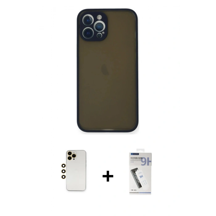 MARSİLYAN™- iPhone 12 Pro Kılıf Ahenk Çizgi Serisi - Şeffaf Uv Polymer Nano Ekran Koruyucu + Shine Kamera Lens - GD