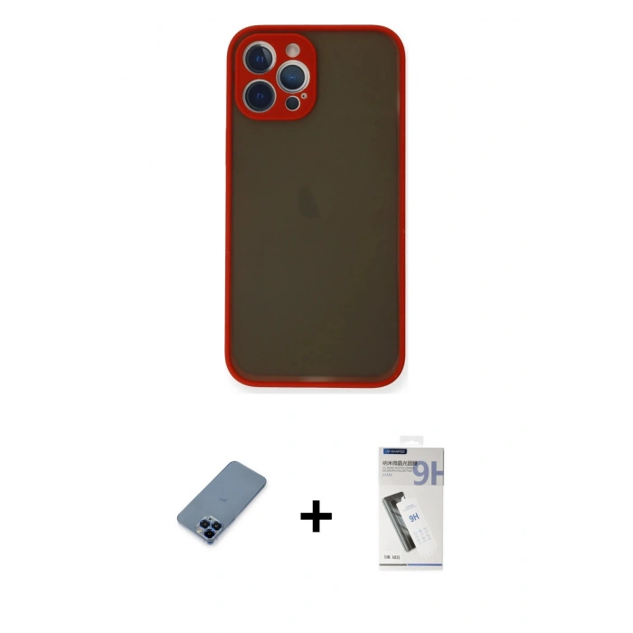 MARSİLYAN™- iPhone 12 Pro Kılıf Ahenk Çizgi Serisi - Şeffaf Uv Polymer Nano Ekran Koruyucu + Metal Kamera Lens Koruma Cam - MI