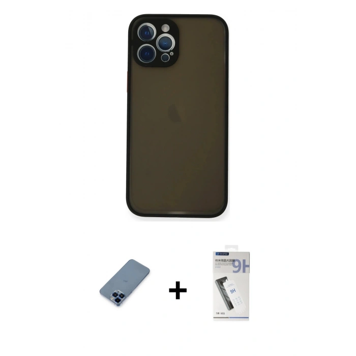 MARSİLYAN™- iPhone 12 Pro Kılıf Ahenk Çizgi Serisi - Şeffaf Uv Polymer Nano Ekran Koruyucu + Metal Kamera Lens Koruma Cam - MI