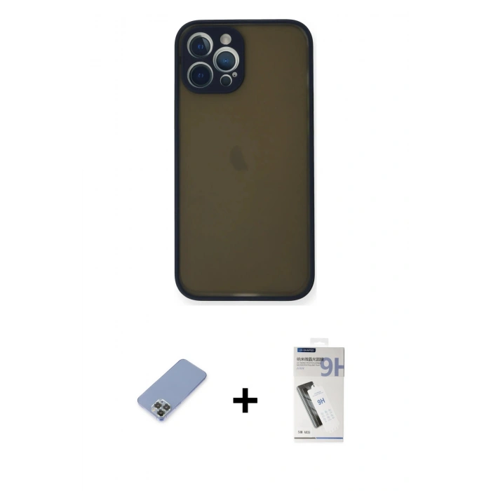 MARSİLYAN™- iPhone 12 Pro Kılıf Ahenk Çizgi Serisi - Şeffaf Uv Polymer Nano Ekran Koruyucu + Metal Kamera Lens Koruma Cam - KUYL