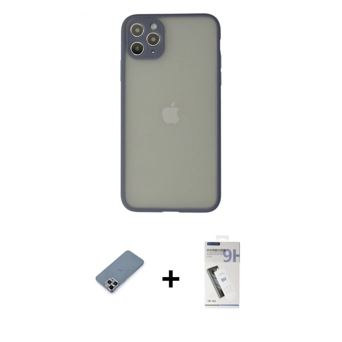 MARSİLYAN™- iPhone 12 Pro Kılıf Ahenk Çizgi Serisi - Şeffaf Uv Polymer Nano Ekran Koruyucu + Metal Kamera Lens Koruma Cam - GS