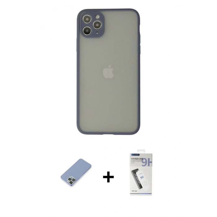 MARSİLYAN™- iPhone 12 Pro Kılıf Ahenk Çizgi Serisi - Şeffaf Uv Polymer Nano Ekran Koruyucu + Metal Kamera Lens Koruma Cam - KUYL