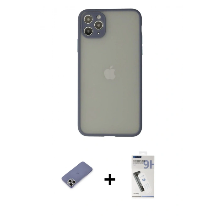 MARSİLYAN™- iPhone 12 Pro Kılıf Ahenk Çizgi Serisi - Şeffaf Uv Polymer Nano Ekran Koruyucu + Metal Kamera Lens Koruma Cam - GD