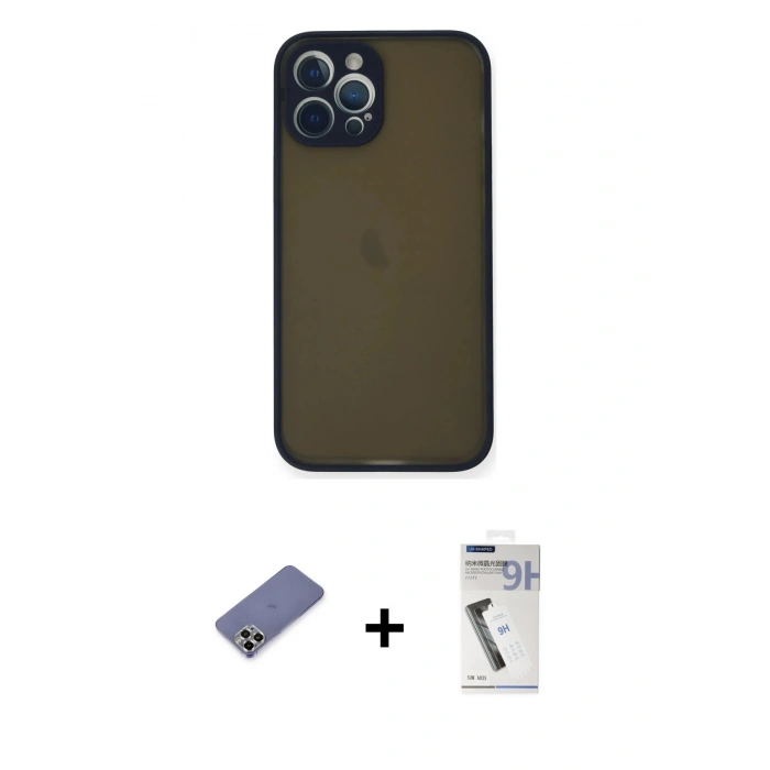 MARSİLYAN™- iPhone 12 Pro Kılıf Ahenk Çizgi Serisi - Şeffaf Uv Polymer Nano Ekran Koruyucu + Metal Kamera Lens Koruma Cam - GD