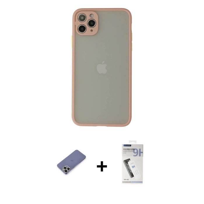MARSİLYAN™- iPhone 12 Pro Kılıf Ahenk Çizgi Serisi - Şeffaf Uv Polymer Nano Ekran Koruyucu + Metal Kamera Lens Koruma Cam - GD