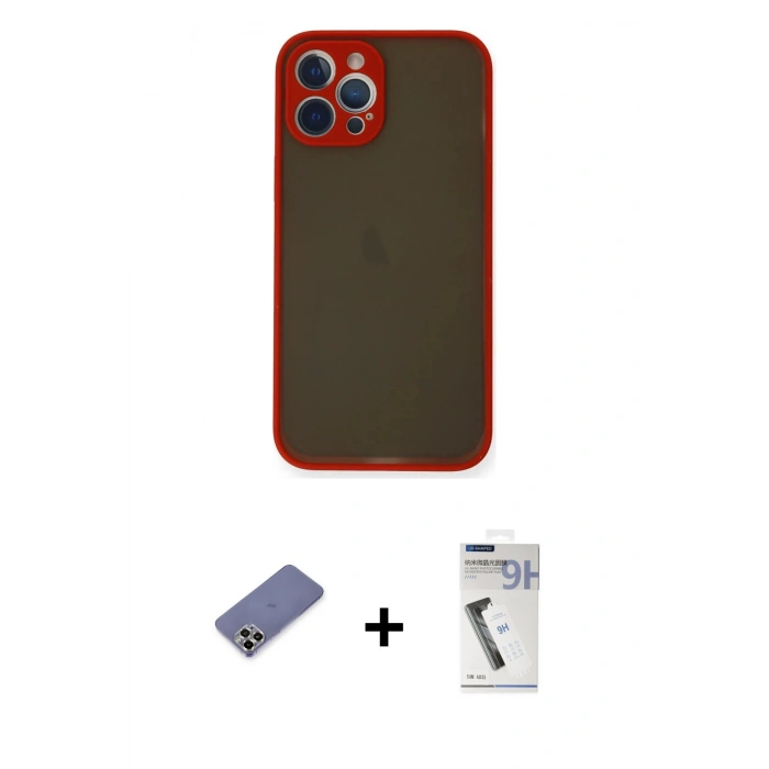 MARSİLYAN™- iPhone 12 Pro Kılıf Ahenk Çizgi Serisi - Şeffaf Uv Polymer Nano Ekran Koruyucu + Metal Kamera Lens Koruma Cam - GD