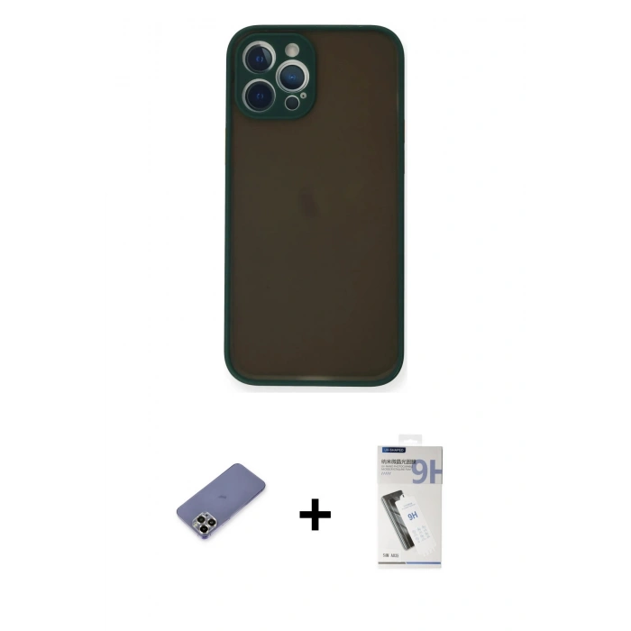 MARSİLYAN™- iPhone 12 Pro Kılıf Ahenk Çizgi Serisi - Şeffaf Uv Polymer Nano Ekran Koruyucu + Metal Kamera Lens Koruma Cam - GD