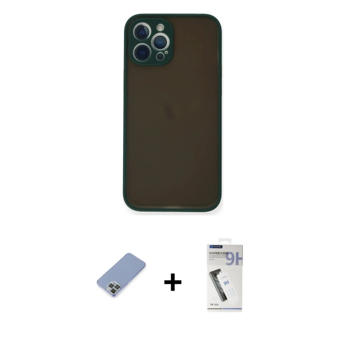 MARSİLYAN™- iPhone 12 Pro Kılıf Ahenk Çizgi Serisi - Şeffaf Uv Polymer Nano Ekran Koruyucu + Metal Kamera Lens Koruma Cam - KUYL