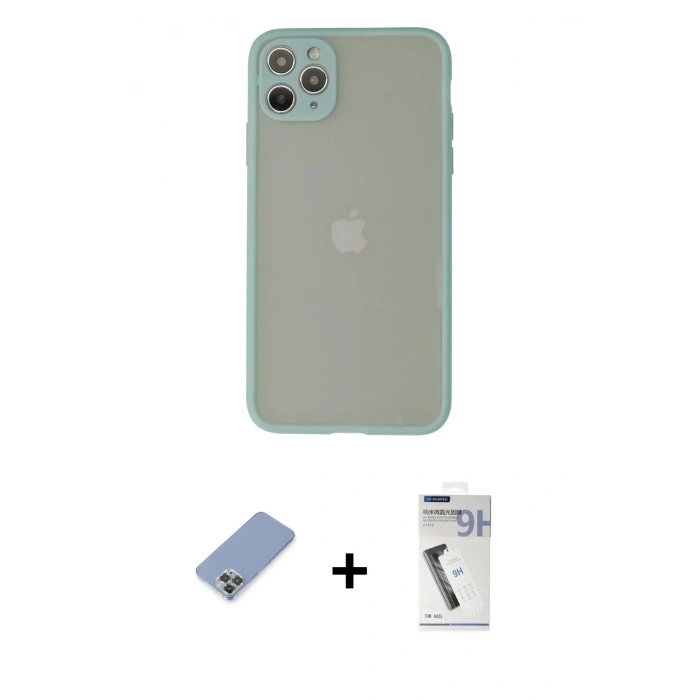 MARSİLYAN™- iPhone 12 Pro Kılıf Ahenk Çizgi Serisi - Şeffaf Uv Polymer Nano Ekran Koruyucu + Metal Kamera Lens Koruma Cam - KUYL