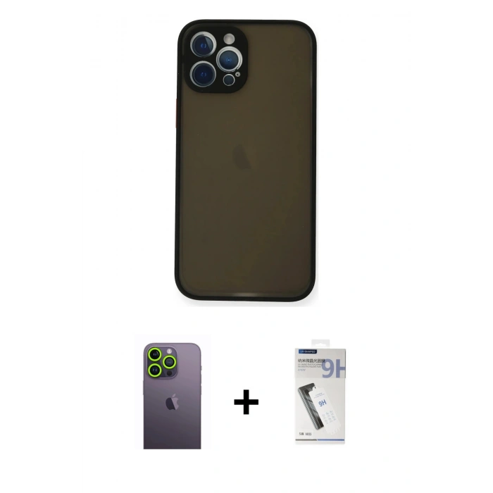 MARSİLYAN™- iPhone 12 Pro Kılıf Ahenk Çizgi Serisi - Şeffaf Uv Polymer Nano Ekran Koruyucu + Neon Fosforlu Kamera Lens - YL