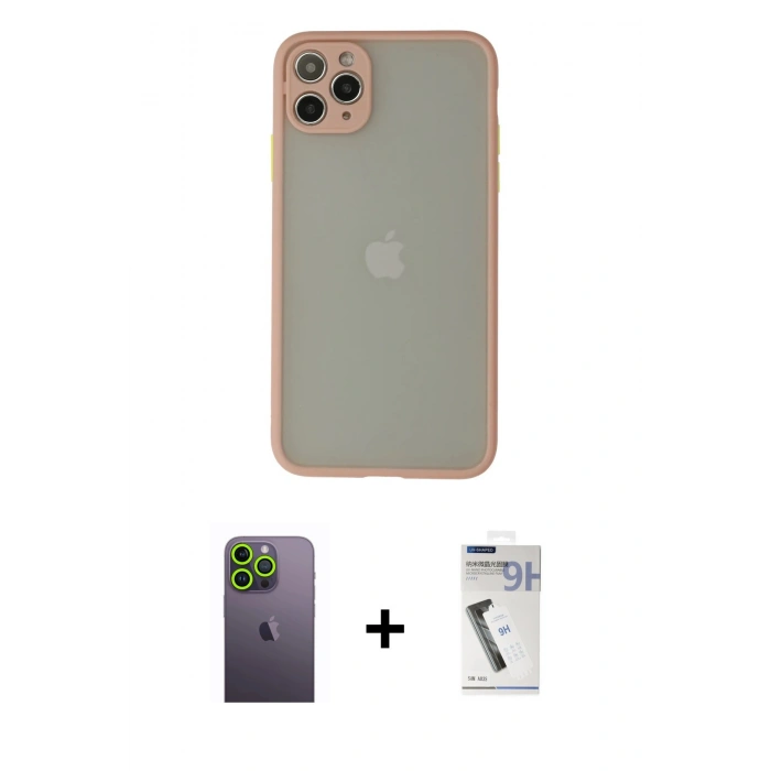 MARSİLYAN™- iPhone 12 Pro Kılıf Ahenk Çizgi Serisi - Şeffaf Uv Polymer Nano Ekran Koruyucu + Neon Fosforlu Kamera Lens - YL