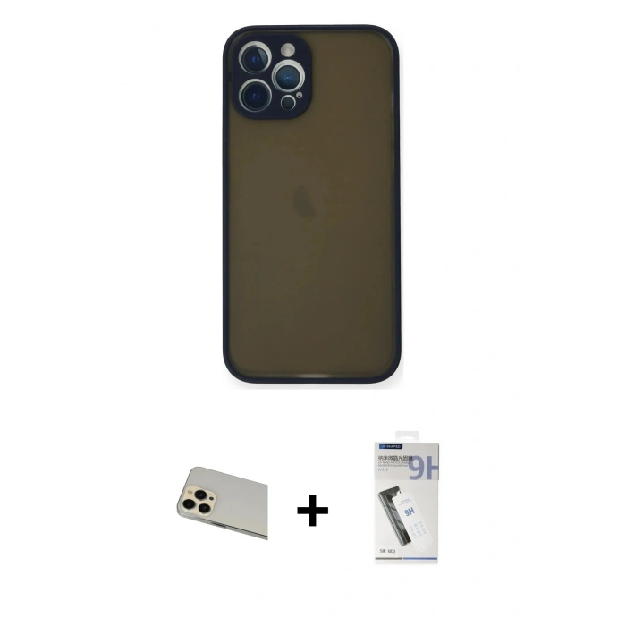 MARSİLYAN™- iPhone 12 Pro Kılıf Ahenk Çizgi Serisi - Şeffaf Uv Polymer Nano Ekran Koruyucu + Rainbow Kamera Lens Koruma Cam - GD