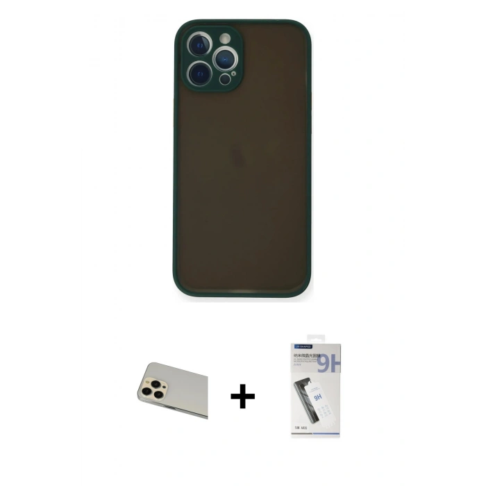 MARSİLYAN™- iPhone 12 Pro Kılıf Ahenk Çizgi Serisi - Şeffaf Uv Polymer Nano Ekran Koruyucu + Rainbow Kamera Lens Koruma Cam - GD