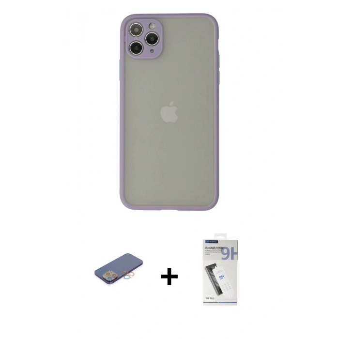 MARSİLYAN™- iPhone 12 Pro Kılıf Ahenk Çizgi Serisi - Şeffaf Uv Polymer Nano Ekran Koruyucu + Renkli Kamera Lens Koruma Cam - PE