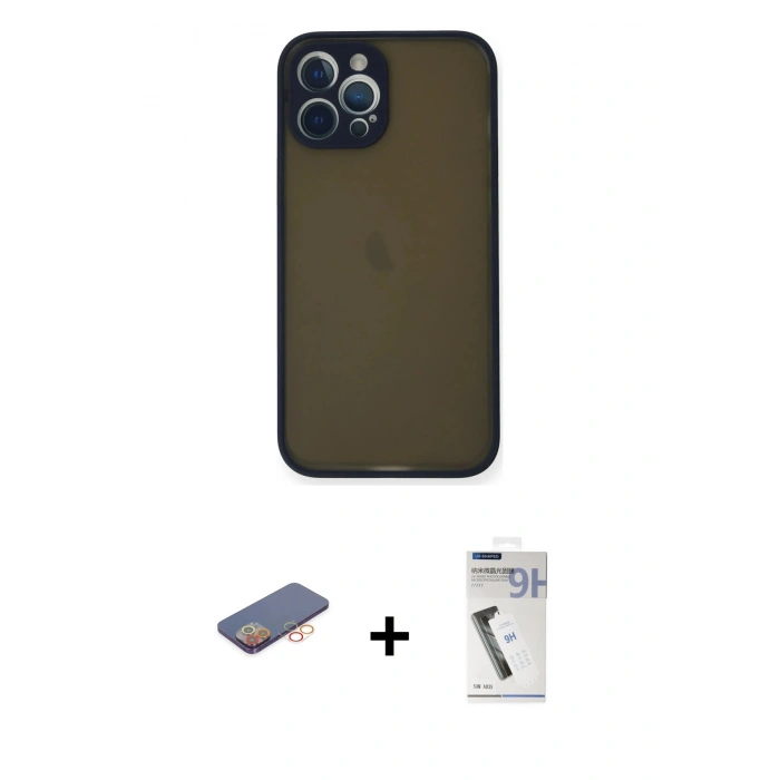 MARSİLYAN™- iPhone 12 Pro Kılıf Ahenk Çizgi Serisi - Şeffaf Uv Polymer Nano Ekran Koruyucu + Renkli Kamera Lens Koruma Cam - TU