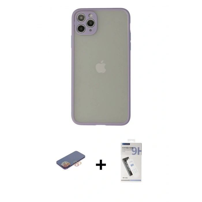 MARSİLYAN™- iPhone 12 Pro Kılıf Ahenk Çizgi Serisi - Şeffaf Uv Polymer Nano Ekran Koruyucu + Renkli Kamera Lens Koruma Cam - TU