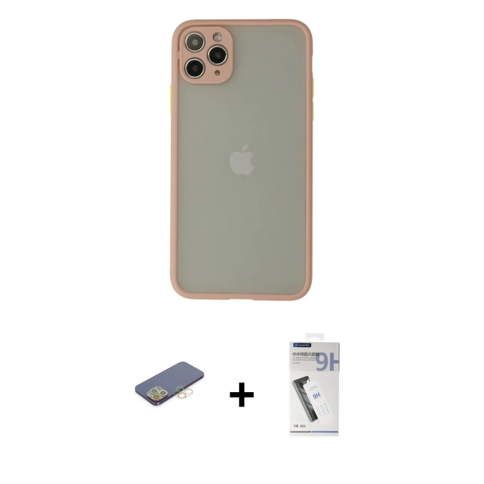 MARSİLYAN™- iPhone 12 Pro Kılıf Ahenk Çizgi Serisi - Şeffaf Uv Polymer Nano Ekran Koruyucu + Renkli Kamera Lens Koruma Cam - SI