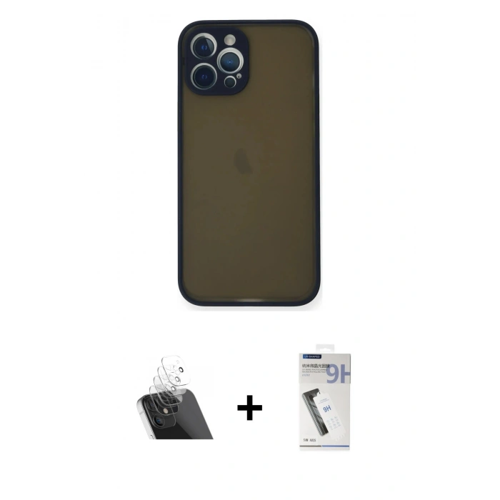 MARSİLYAN™- iPhone 12 Pro Kılıf Ahenk Çizgi Serisi - Şeffaf Uv Polymer Nano Ekran Koruyucu + Kamera Lens Koruma Cam - SF