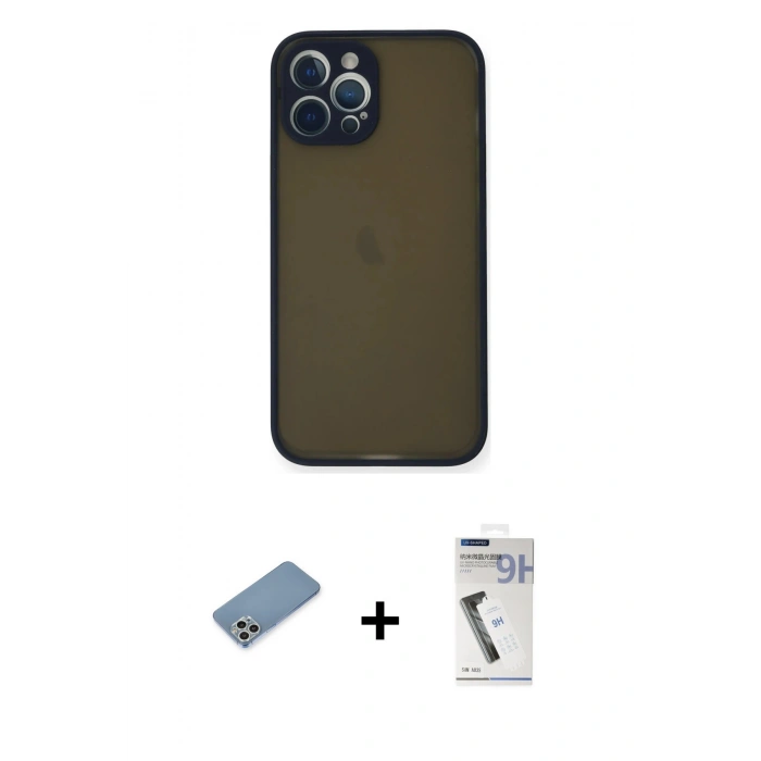 MARSİLYAN™- iPhone 12 Pro Kılıf Ahenk Çizgi Serisi - Şeffaf Uv Polymer Nano Ekran Koruyucu + Shine Kamera Lens Koruma Cam - GS