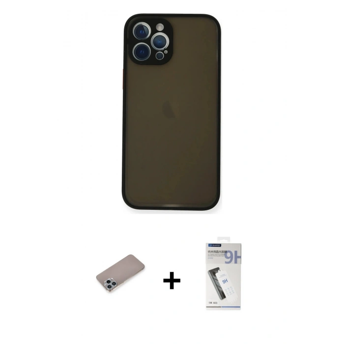 MARSİLYAN™- iPhone 12 Pro Kılıf Ahenk Çizgi Serisi - Şeffaf Uv Polymer Nano Ekran Koruyucu + Shine Kamera Lens Koruma Cam - SABE