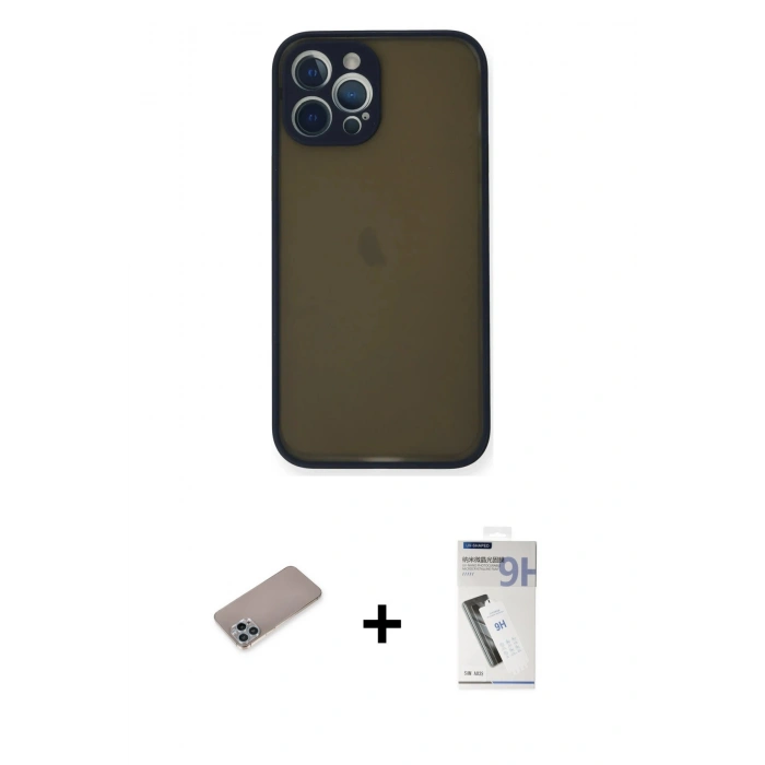 MARSİLYAN™- iPhone 12 Pro Kılıf Ahenk Çizgi Serisi - Şeffaf Uv Polymer Nano Ekran Koruyucu + Shine Kamera Lens Koruma Cam - SABE