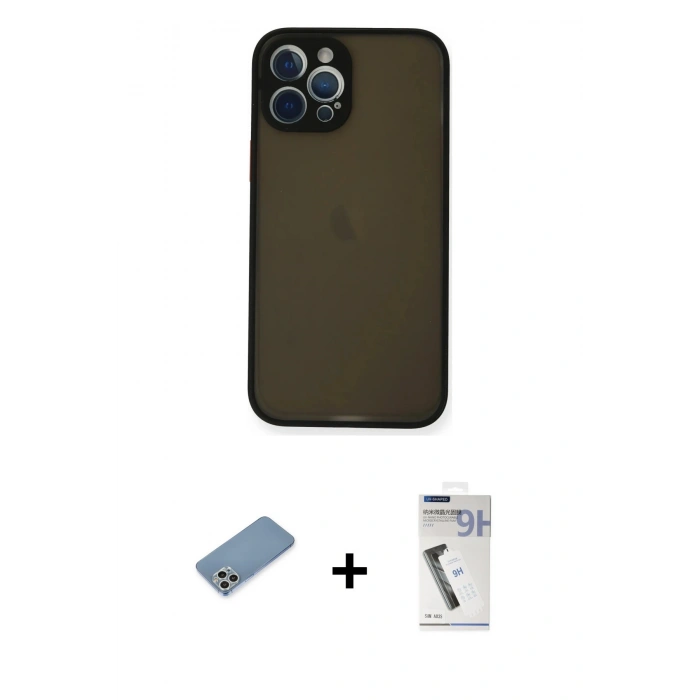 MARSİLYAN™- iPhone 12 Pro Kılıf Ahenk Çizgi Serisi - Şeffaf Uv Polymer Nano Ekran Koruyucu + Shine Kamera Lens Koruma Cam - GS