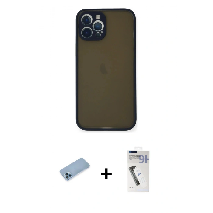 MARSİLYAN™- iPhone 12 Pro Kılıf Ahenk Çizgi Serisi - Şeffaf Uv Polymer Nano Ekran Koruyucu + Shine Kamera Lens Koruma Cam - MI