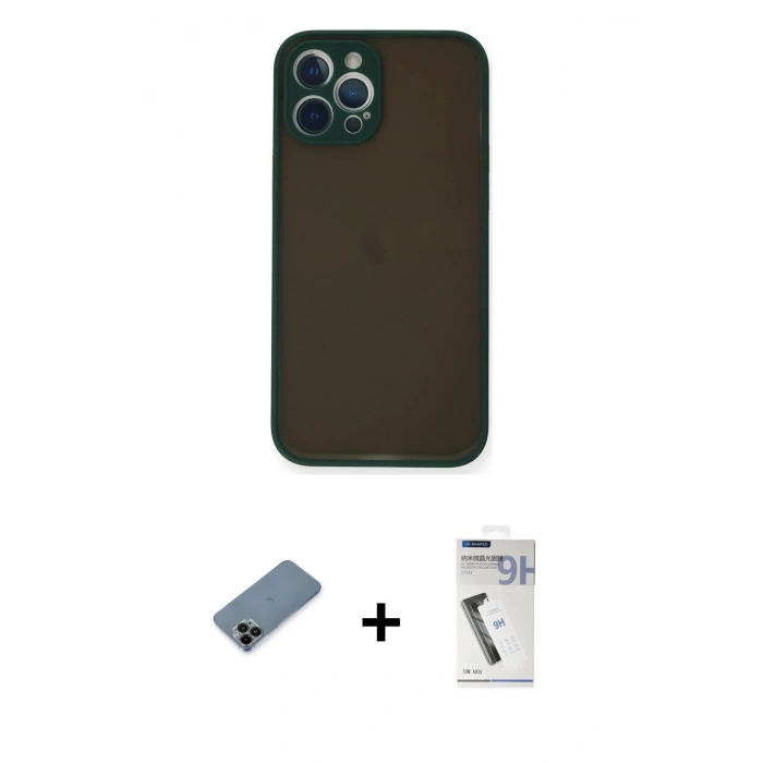 MARSİLYAN™- iPhone 12 Pro Kılıf Ahenk Çizgi Serisi - Şeffaf Uv Polymer Nano Ekran Koruyucu + Shine Kamera Lens Koruma Cam - SH