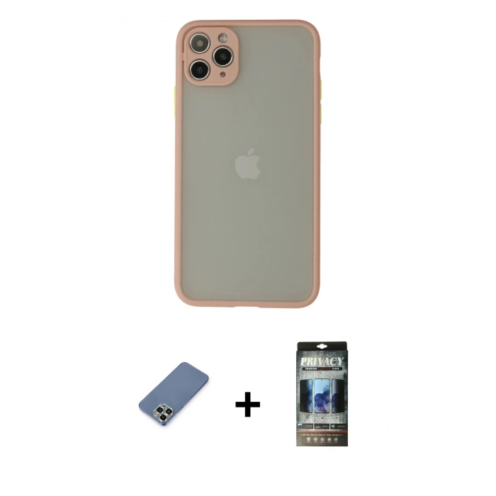MARSİLYAN™- iPhone 12 Pro Kılıf Ahenk Çizgi Serisi - Siyah 34D Hayalet Izgaralı Cam + Metal Kamera Lens Koruma Cam - AKYL